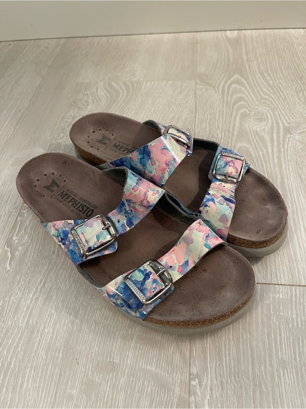 Mephisto Harmony Floral Sandals Size 39 Watercolour Print Cork Footbed